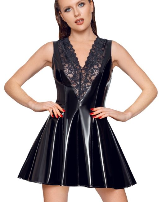black-level-vrouwelijk-zwart-lak-uitlopend-jurkje-kopen