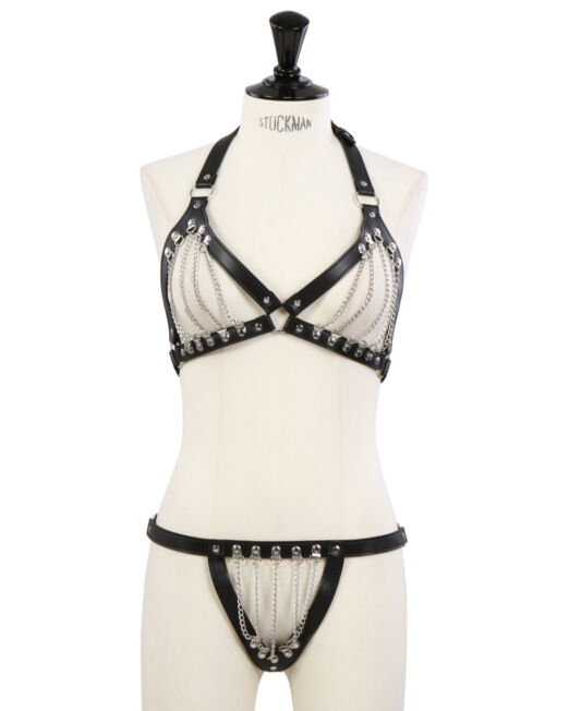 LEREN BIKINI RIEM HARNAS SET MET METALEN KETTINGEN
