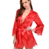 VURIG ROOD SATIJNEN KIMONO KAMERJAS MET KANT