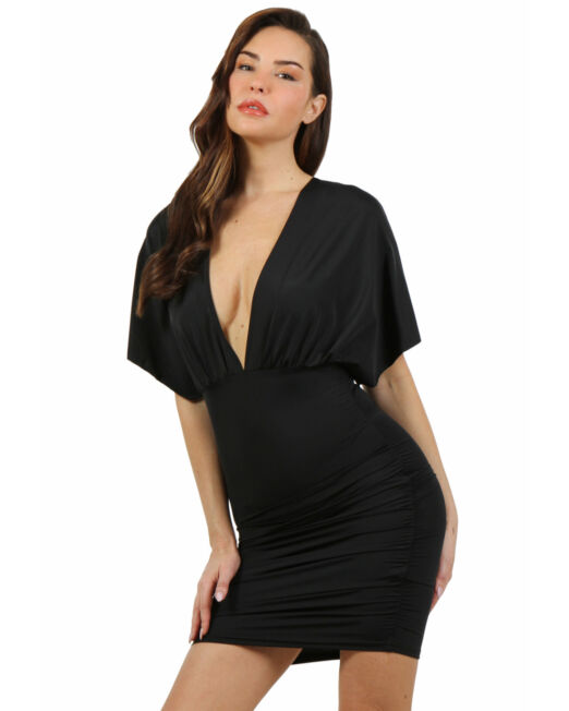 FLATTEREND ZWARTE BODYCON JURK MET DIEPE HALSLIJN
