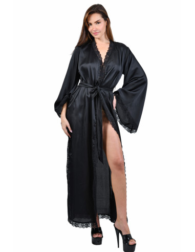 SEXY LANG ZWART SATIJN KANT KIMONO IN GEISHA STIJL