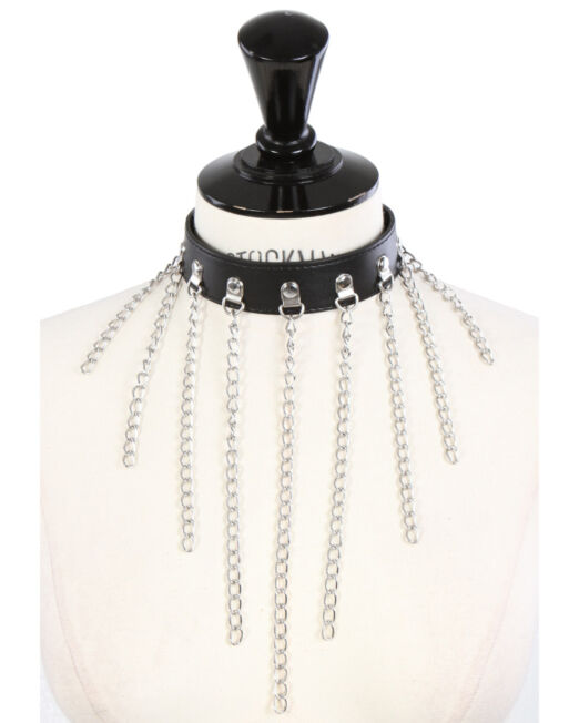 BREED ZWART LEDEREN HALS COLLAR MET KETTINGEN