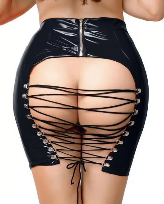 GLOSSY FETISH WEAR VINYL VETER ROK MET OPEN BILLEN