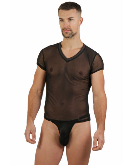 ZWART V HALS HEREN SHIRT IN TRANSPARANT MESH