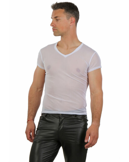 HELDERWIT V HALS HEREN SHIRT IN TRANSPARANT MESH