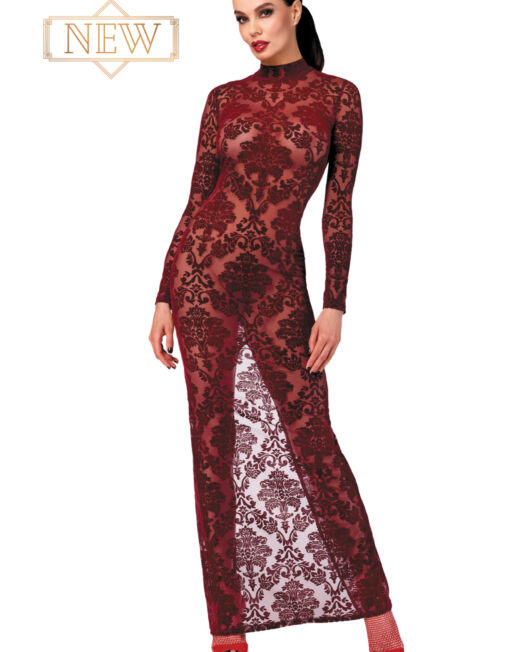 NOIR HANDMADE LANGE WIJNRODE JURK MET HOGE SPLIT