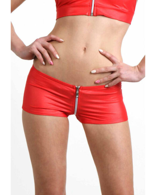 FETISJ ROOD WETLOOK STRIP HOTPANTS MET RITS