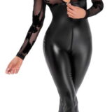 NOIR HANDMADE WETLOOK CATSUIT MET FLUWEEL PRINT