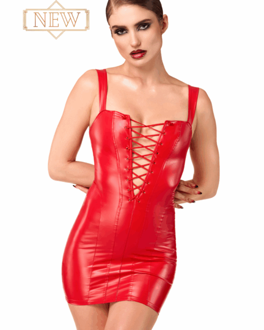 NOIR HANDMADE STRAK MINIJURKJE IN ROOD WETLOOK