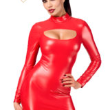 NOIR HANDMADE RODE WETLOOK JURK MET UITSNIJDING