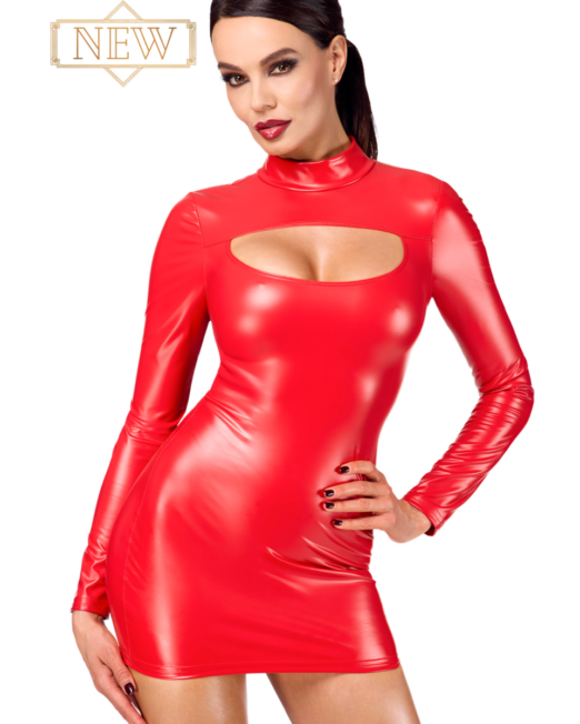 NOIR HANDMADE RODE WETLOOK JURK MET UITSNIJDING