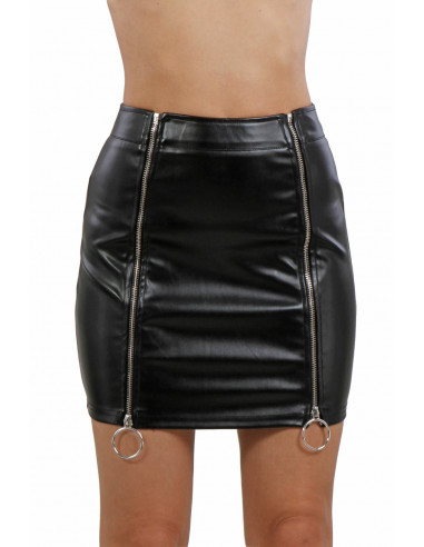 STOUTE STRIPPER ROK MET RITSEN IN ZWART ECO LEDER