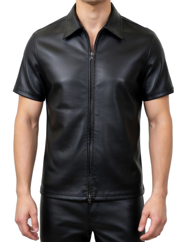 FETISJ LEREN HEREN UNIFORM SHIRT MET 2 WEG RITS